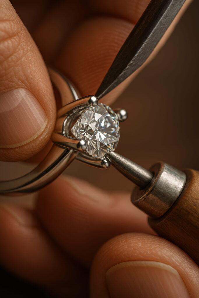Close-up of a jeweler's hands using a prong pusher for the gemstone setting of a round brilliant diamond.