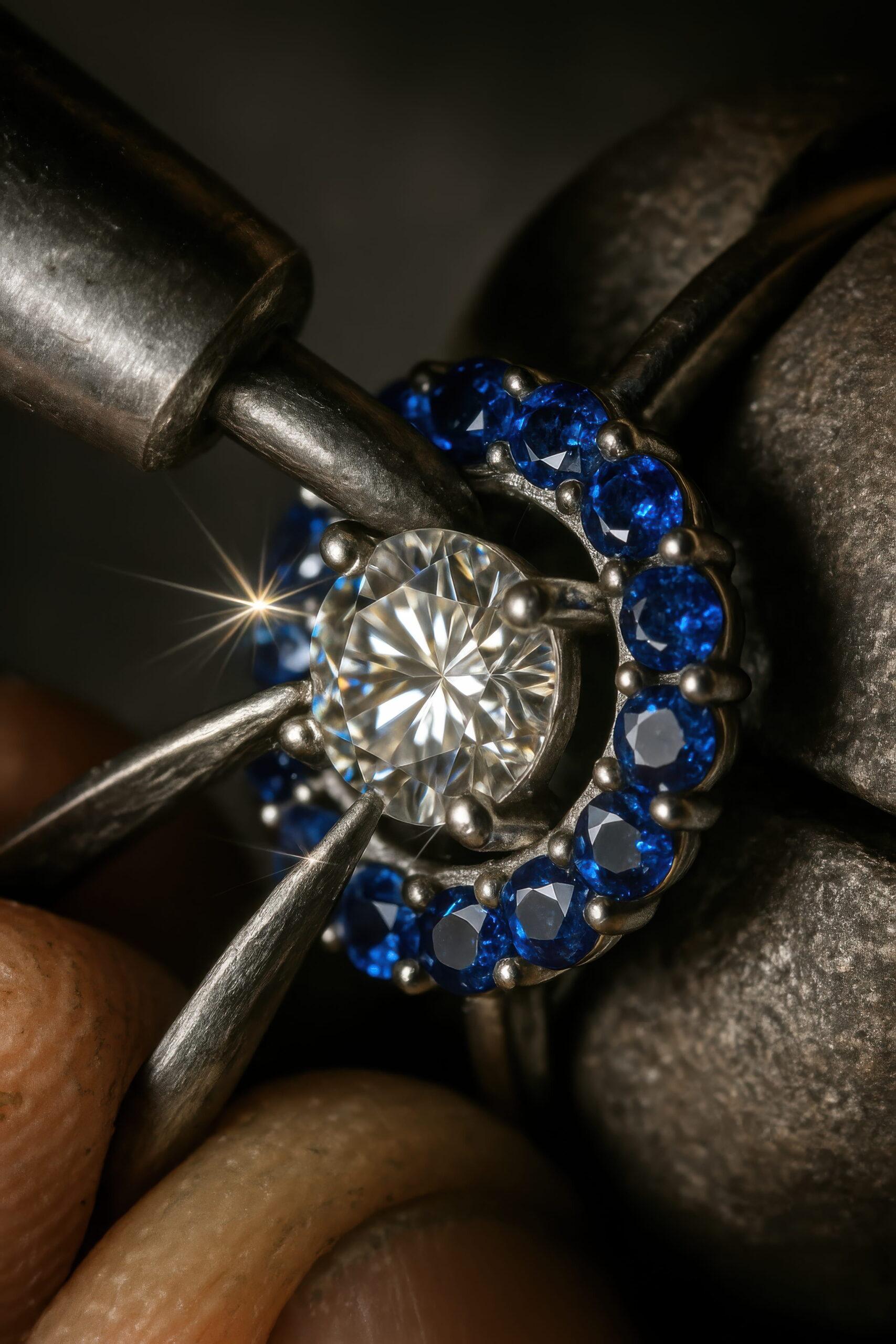 A jeweler uses precision tools to perform a gemstone setting with a central diamond and a halo of blue sapphires.