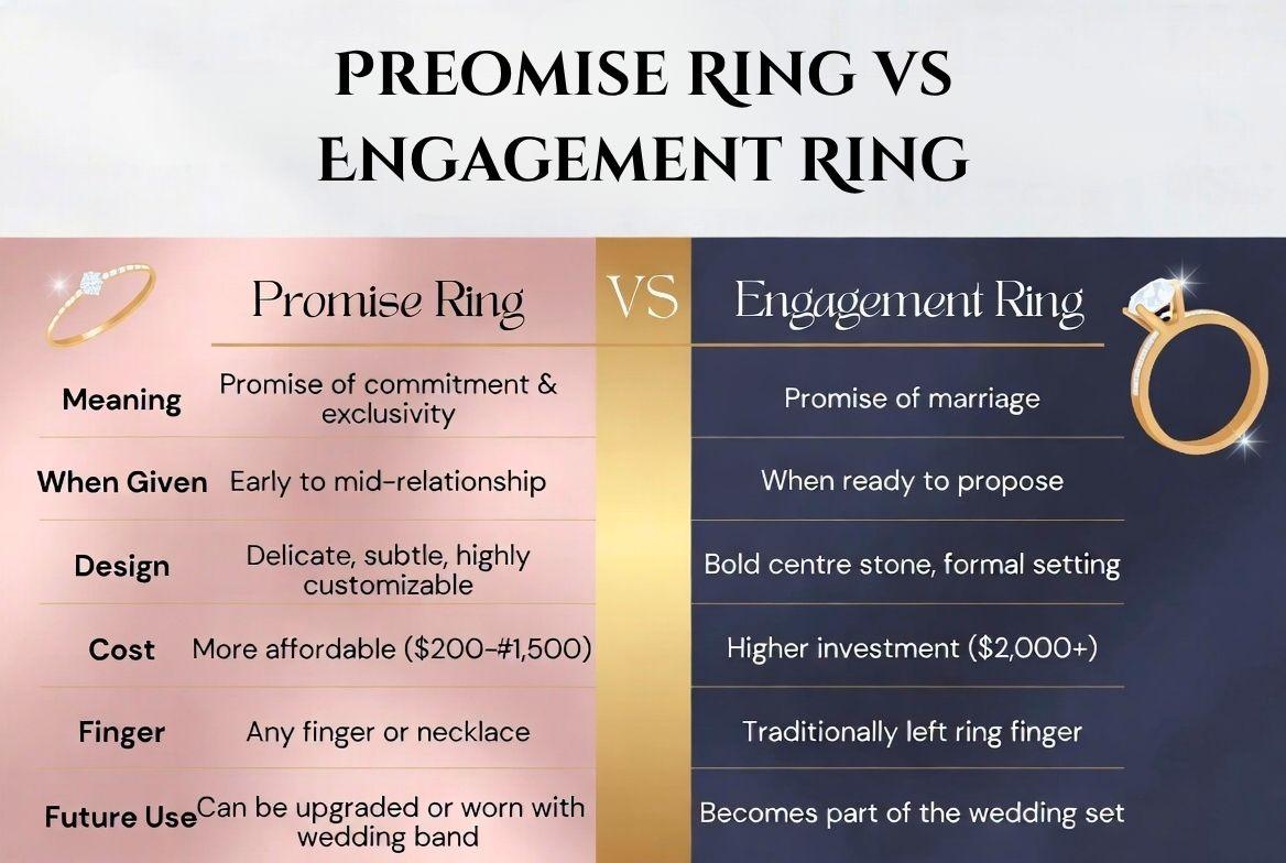 Promise ring vs engagement ring comparison infographic showing key differences in meaning, design, cost, when given, finger and future use