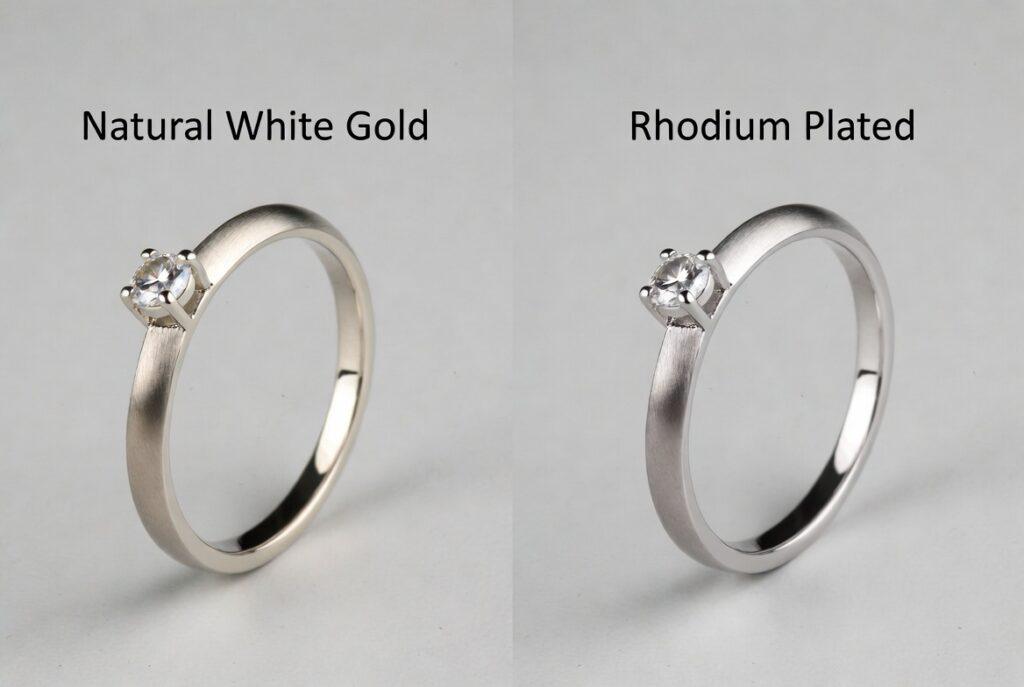 Ai generated image of a Natural white gold ring next to rhodium plated version showing the bright white finish