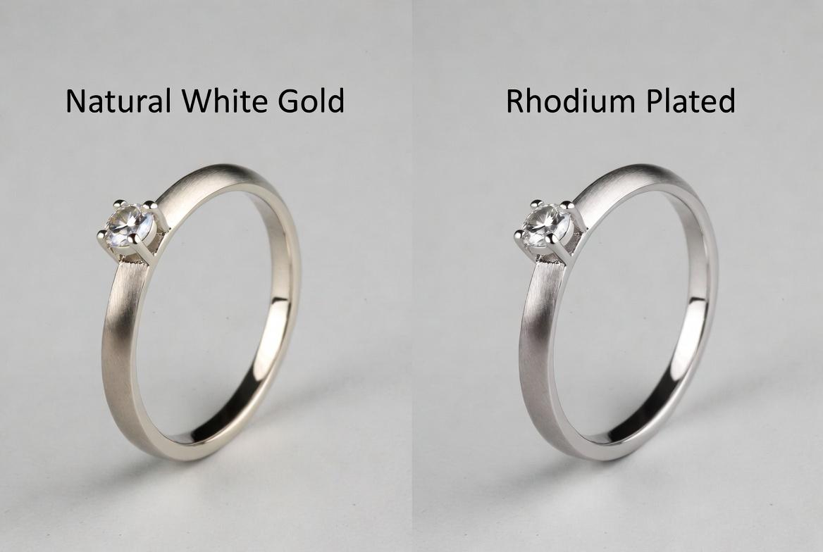 Ai generated image of a Natural white gold ring next to rhodium plated version showing the bright white finish